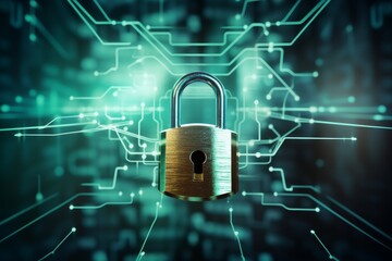 Glowing digital padlock securing computing systems on tech background. Lock symbol, binary code and data streams. Cyber security and protection. Prevention and privacy data network protection concept