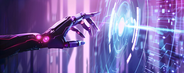 Futuristic robot arm pressing button on touch screen hologram. Artificial Intelligence, human machine interaction, digital technology. Machine learning, technology concept. Design for banner, poster