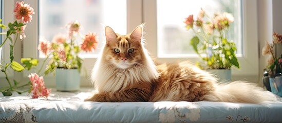 A Felidae carnivore, the cat with fawn fur and whiskers, is sitting on a window sill next to a flowerpot with flowers and a houseplant, gazing out with its sharp eyes - obrazy, fototapety, plakaty