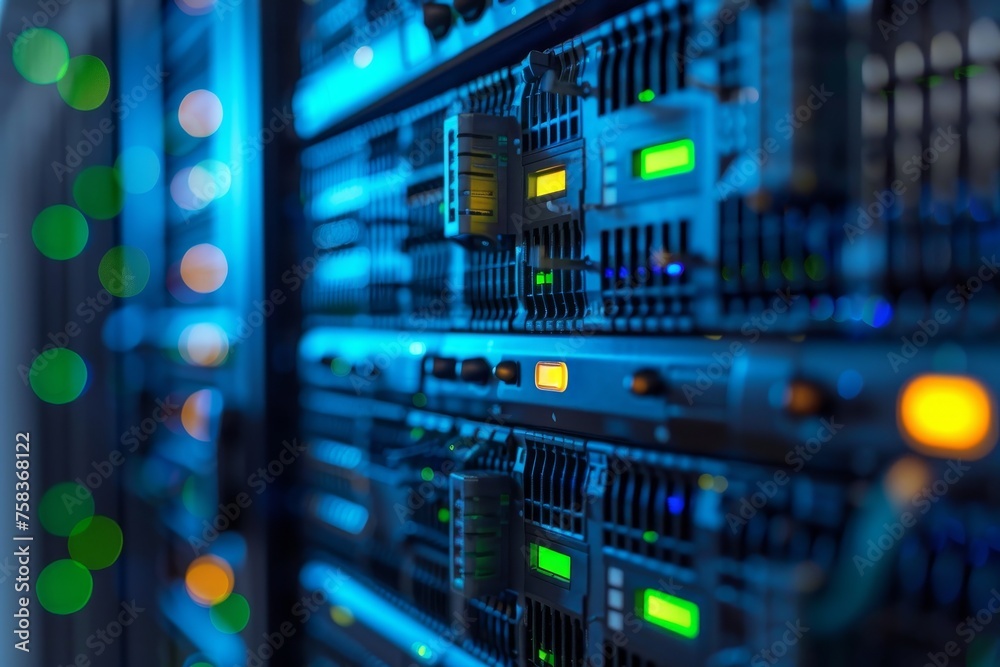 Wall mural server racks in data center room. neon server room for cryptocurrency mining. cryptocurrency farm an