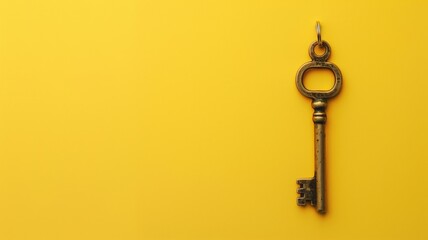 An old-fashioned key isolated on a bright yellow background