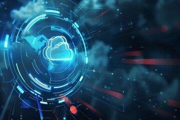 Fototapeta premium Digital hologram with blue cloud icon on binary code background. Cloud service and cloud storage. Cloud computing technology, data transfer protection, online data storage for business network concept