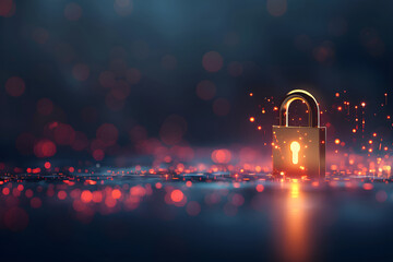 Glowing digital padlock securing computing systems on dark background. Lock symbol, binary code and data streams. Cyber security and protection. Prevention and privacy data network protection concept