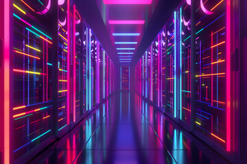 Server racks in data center room. Neon server room for cryptocurrency mining. Cryptocurrency farm and cloud computing. Data protection, cybersecurity, networking communication technology concept
