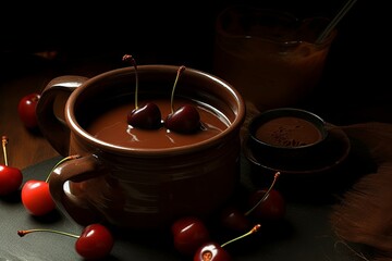 Bowl of chocolate pudding with cherries on table