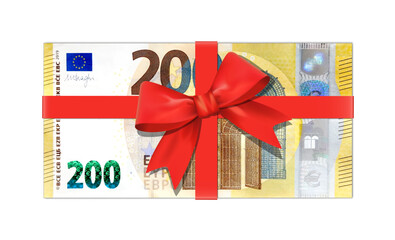 Geldgeschenk, Geldschein Geschenk 200 Euro Schein mit Geschenk Schleife,
Vektor Illustration isoliert auf weißem Hintergrund
