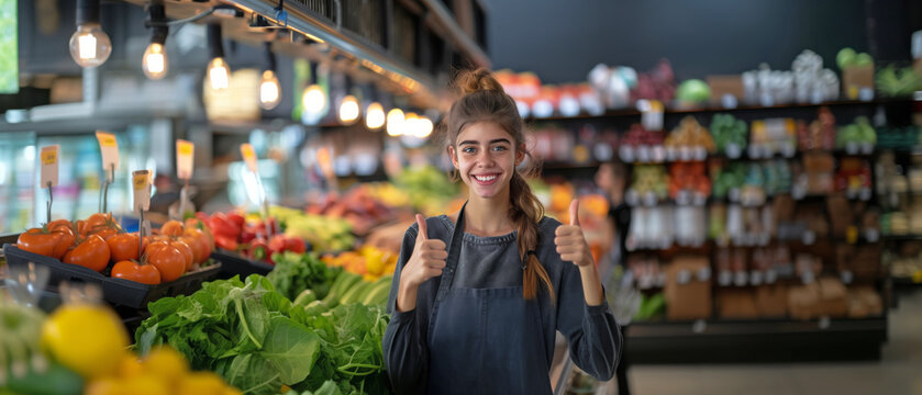 Smiling female supermarket fruit section worker looking at the camera with her thumb up