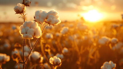 Fair trade certified cotton field at sunset with warm golden hour light - obrazy, fototapety, plakaty