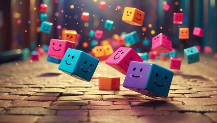 Playful Emoticon Blocks - Colorful Smiley Faces Floating in the Air