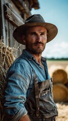 A rugged farmer, proud of his hard work, poses confidently in front of a rustic barn, with bales of hay in the background. Farmer with a firm stance in a rural setting.