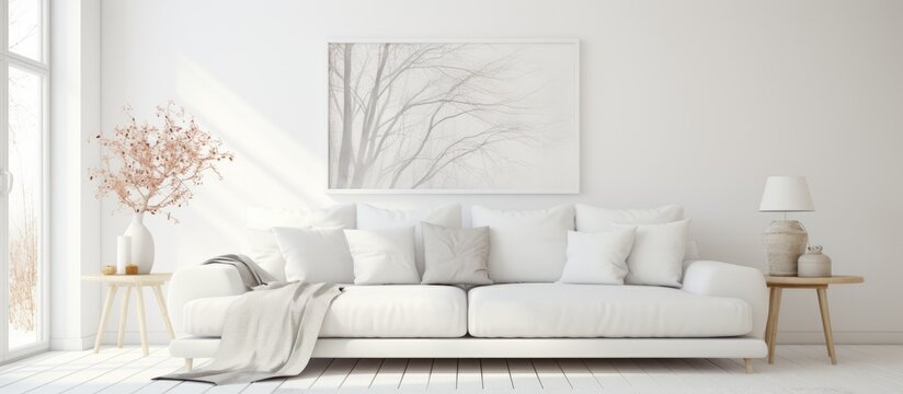 Stylish white room with sofa in Scandinavian style.