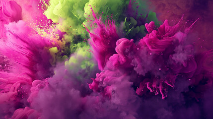 Vivid magenta and lime green paint explosions creating an abstract dance of colors.