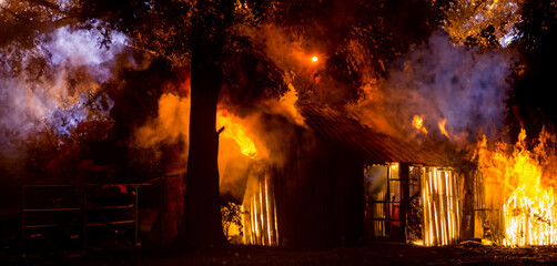 night fire in the forest, a residential wooden house is burning in flames