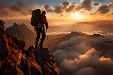 Enthralling Endeavor: Adrenaline-Fueled Ascend to Mountain's Peak Amidst the Setting Sun - obrazy, fototapety, plakaty