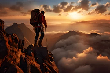 Photo sur Plexiglas Brun Enthralling Endeavor: Adrenaline-Fueled Ascend to Mountain's Peak Amidst the Setting Sun