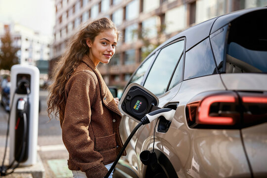 Young girl with long hair, charging a red electric car. Renewable energy and sustainability concept