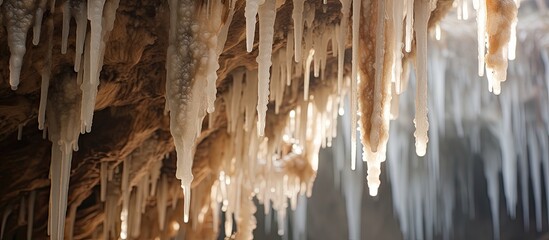 Soda straws, stalagmites, and stalactites are formations made of speleothems, a natural material found in caves. The icicles hanging from the ceiling are a result of a freezing event - obrazy, fototapety, plakaty