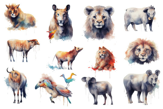 materials white colors animals set background painted nature watercolors manner teaching created ai realistic themed books african ideal designs