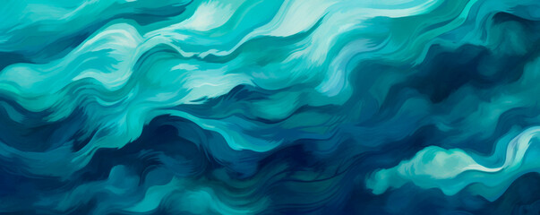 Obraz premium A captivating abstract painting illustrates dynamic waves in blue and green, swirling and colliding in a spellbinding movement display, evoking the ocean's unstoppable energy. Banner. Copy space.
