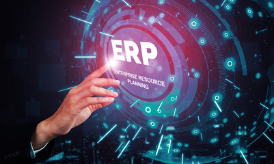 Enterprise Resource Management ERP software system for business resources plan presented in modern...