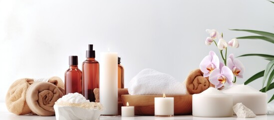 Spa and beauty products displayed on white background.