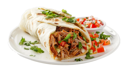 Carnitas Burrito on a plate isolated on transparent png background. Generative ai