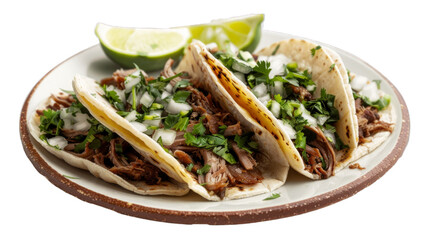 Carnitas Tacos on a plate isolated on transparent png background. Generative ai 