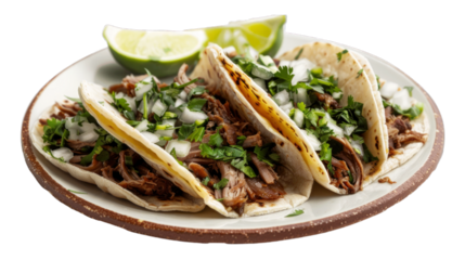 Carnitas Tacos on a plate isolated on transparent png background. Generative ai 