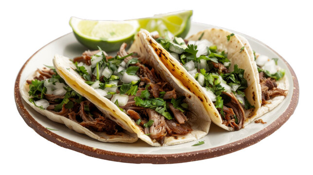 Carnitas Tacos on a plate isolated on transparent png background. Generative ai 
