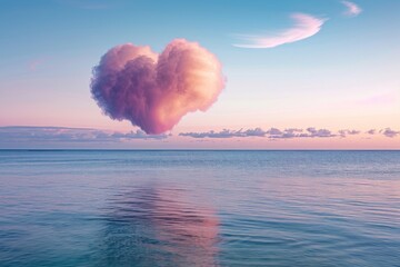 Pastel Heart-Shaped Cloud Over Serene Sea at Sunset. Generative AI.
