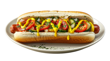 Chicago-Style Hot Dog on a plate isolated on transparent png background. Generative ai 