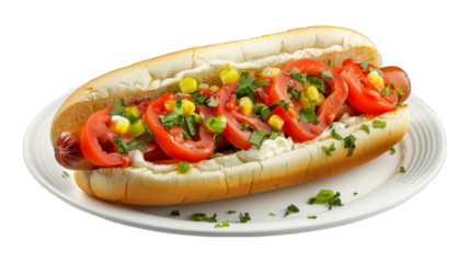 Chicago-Style Hot Dog on a plate isolated on transparent png background. Generative ai 