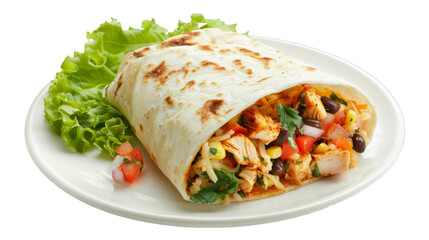 Chicken Burrito on a plate isolated on transparent png background. Generative ai 