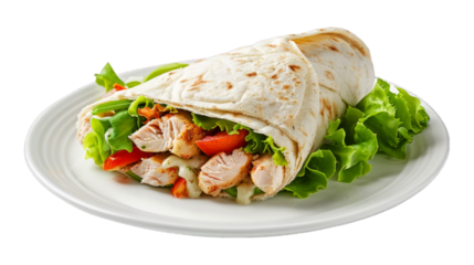 Chicken Caesar Wrap on a plate isolated on transparent png background. Generative ai 