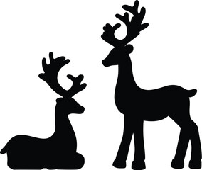 Two black silhouettes of Christmas reindeer. Isolated on a white background