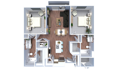 3d floor plan and layout of a modern two bedroom apartment, isometric