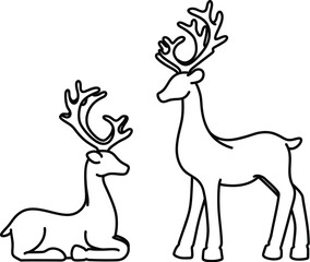 Illustration of two reindeer in outline style, one lying left, the other standing. Christmas mood.