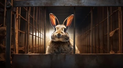 Foto op Plexiglas Hare locked in cage. Lonely hare in captivity behind a fence with sad look. Concept of animal rights, wildlife conservation, captivity stress, endangered species, conditions of zoos © Jafree