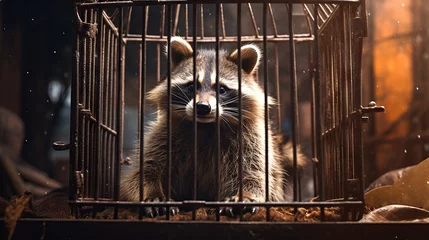 Foto op Plexiglas Poor Raccoon locked in cage. Lonely raccoon in captivity behind a fence with sad look. Concept of animal rights, wildlife conservation, captivity stress, endangered species, conditions of zoos © Jafree
