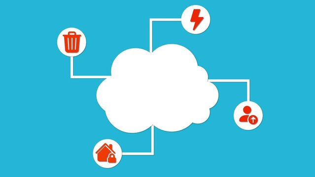 Cloud computing concept graphic with icons for storage energy and sharing on a blue background.