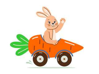 Little funny bunny rides a car in shape of ripe carrot and waves greeting with its paw. Cute vector children's Easter illustration on white isolated background in flat style.