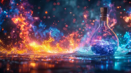 A corked bottle holds colorful liquid, like a world in miniature