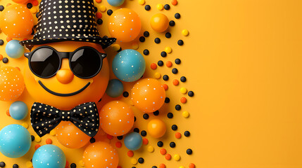 Joyful Emoji with Sunglasses and Hat Surrounded by Colorful Balloons on Yellow Background - obrazy, fototapety, plakaty