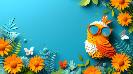 Fototapeta na wymiar Summer Fun: 3D Illustration of a Whimsical Owl with Sunglasses among Sunflowers