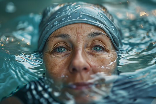 Woman swimming in a cold lake