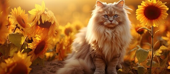 A carnivorous Felidae, small to mediumsized cat with fawn fur and whiskers, is sitting in a field of sunflowers. The terrestrial animal enjoys the warm sun and grass surroundings