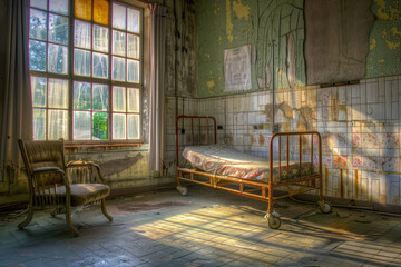 Scene in a dilapidated hospital room with an old bed and a chair.