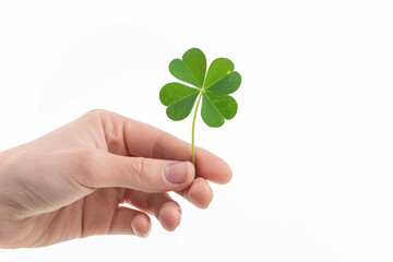 A hand holding a st patricks day lucky irish four leaf clover