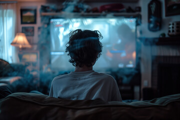 Man watching TV, playing games on TV screen. Ai generated image