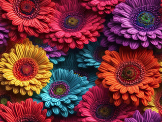 Seamless colorful gerbera flowers embroidery pattern, textile fabric design. Generative ai